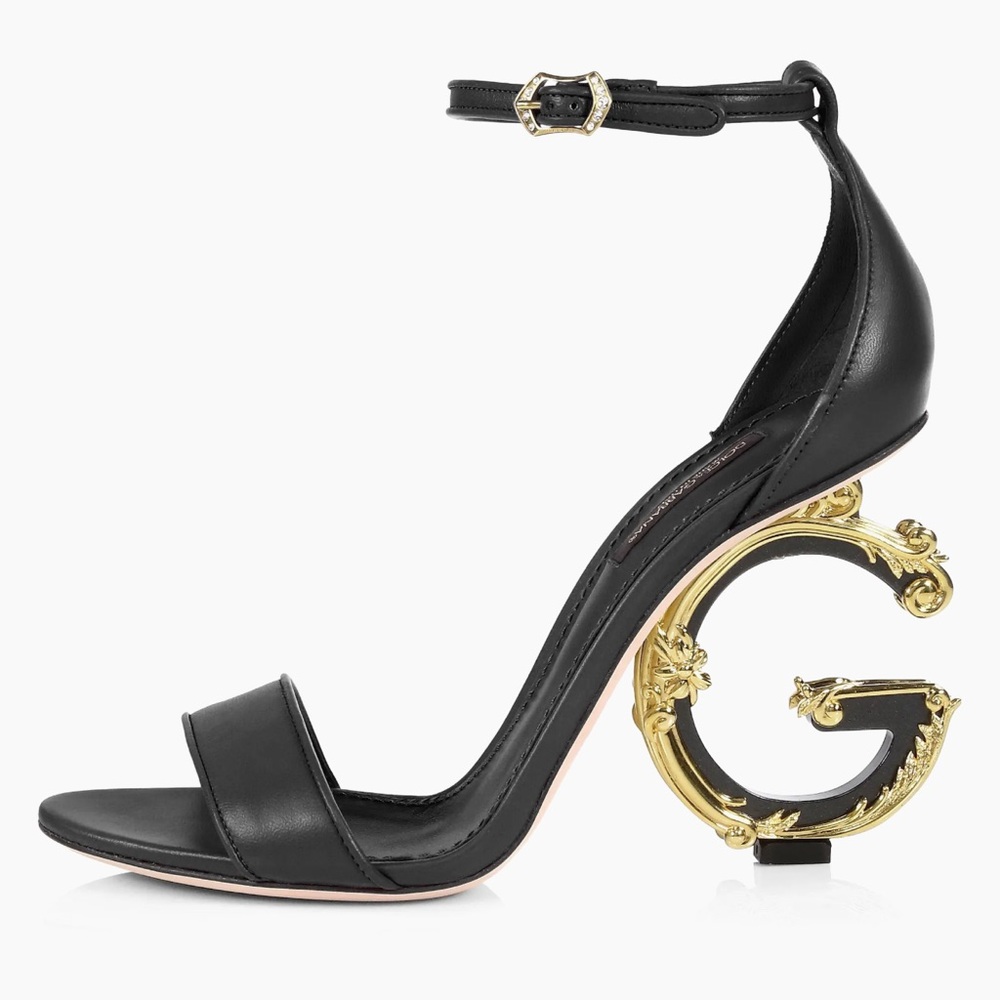Dolce & Gabbana Sculpted-Heel Baroque DG Leather Sandals (US W 9.5)